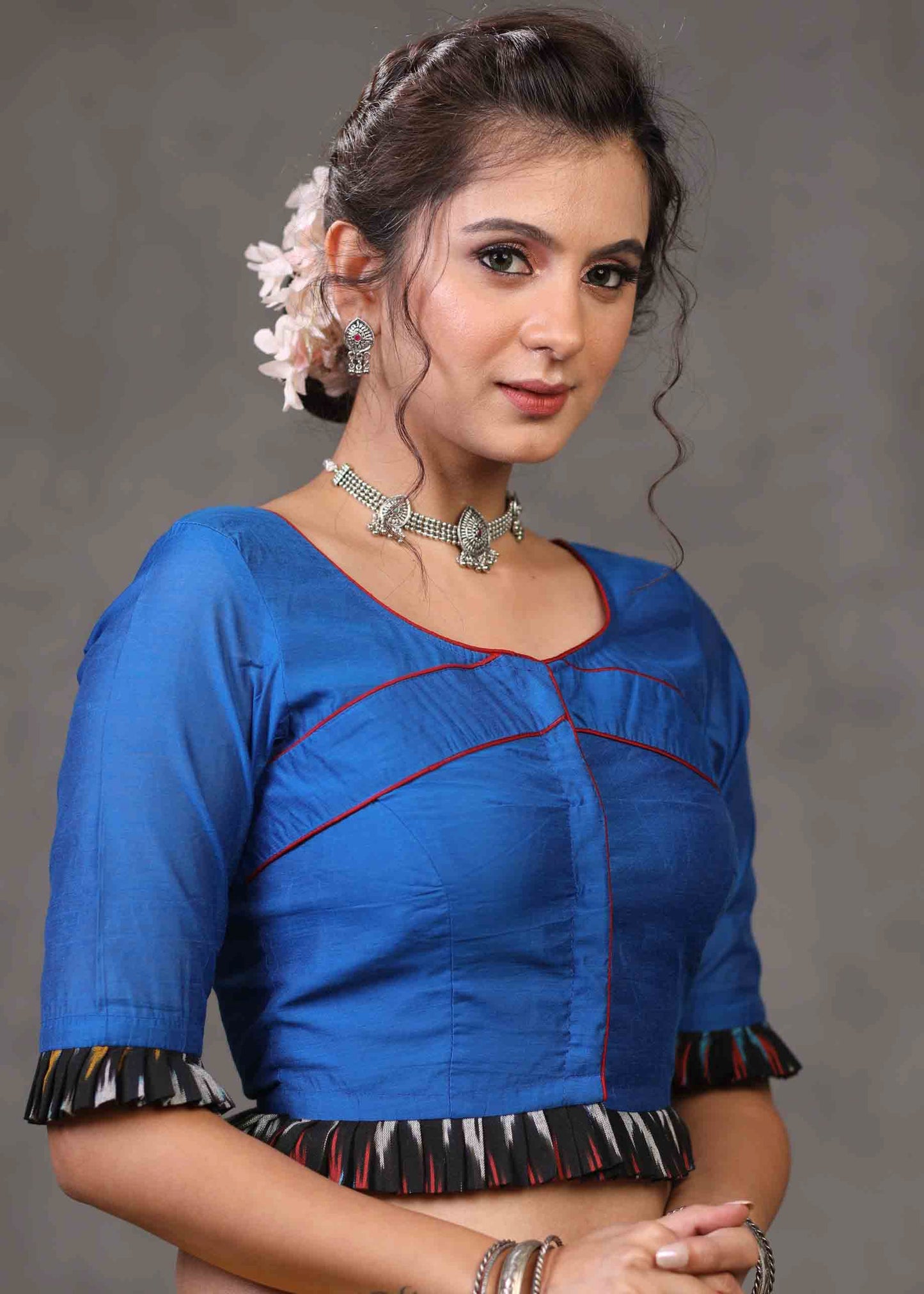 Standout Royal Blue Cotton Silk Blouse with Ikat Combination on Hem and Sleeves