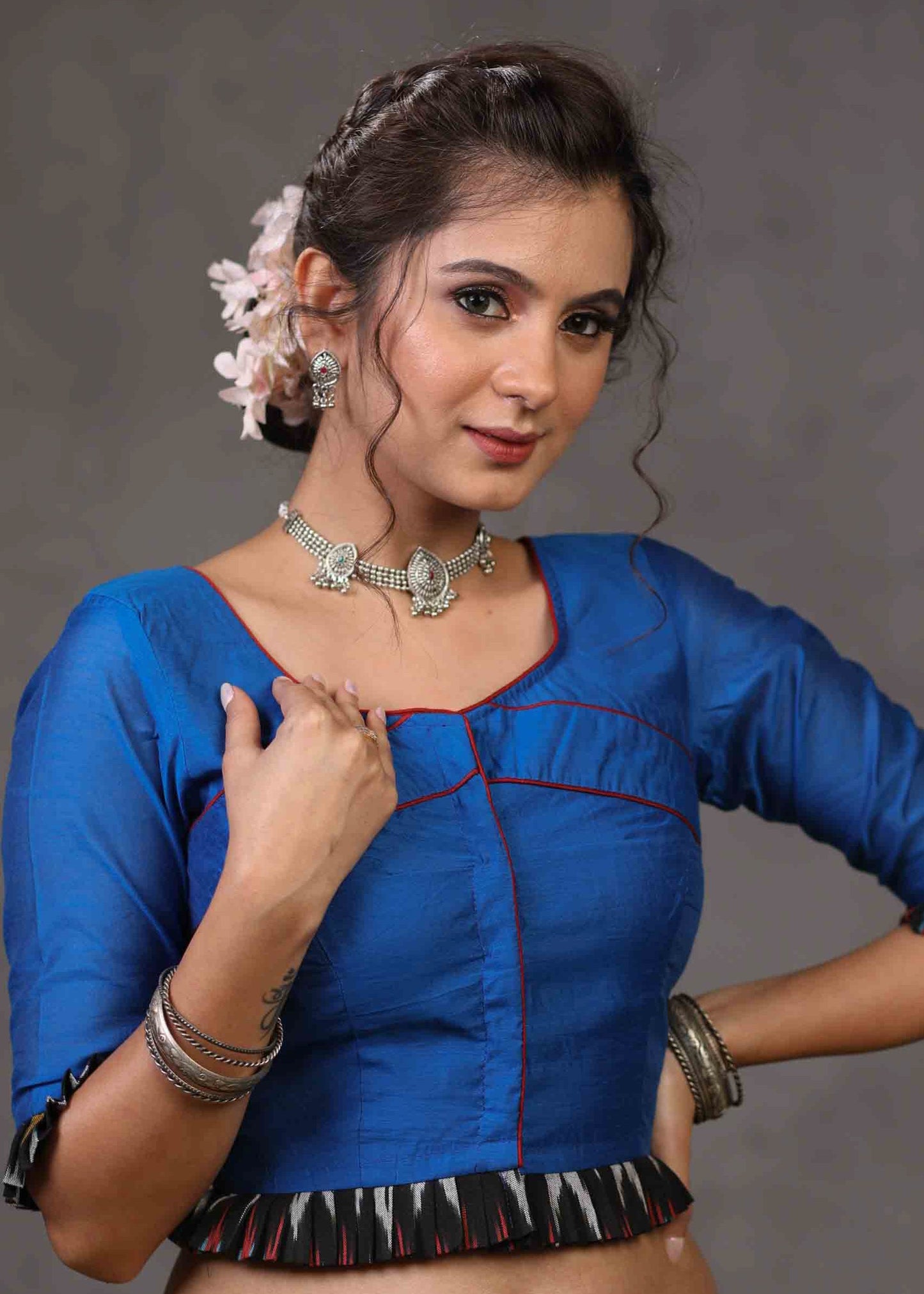 Standout Royal Blue Cotton Silk Blouse with Ikat Combination on Hem and Sleeves