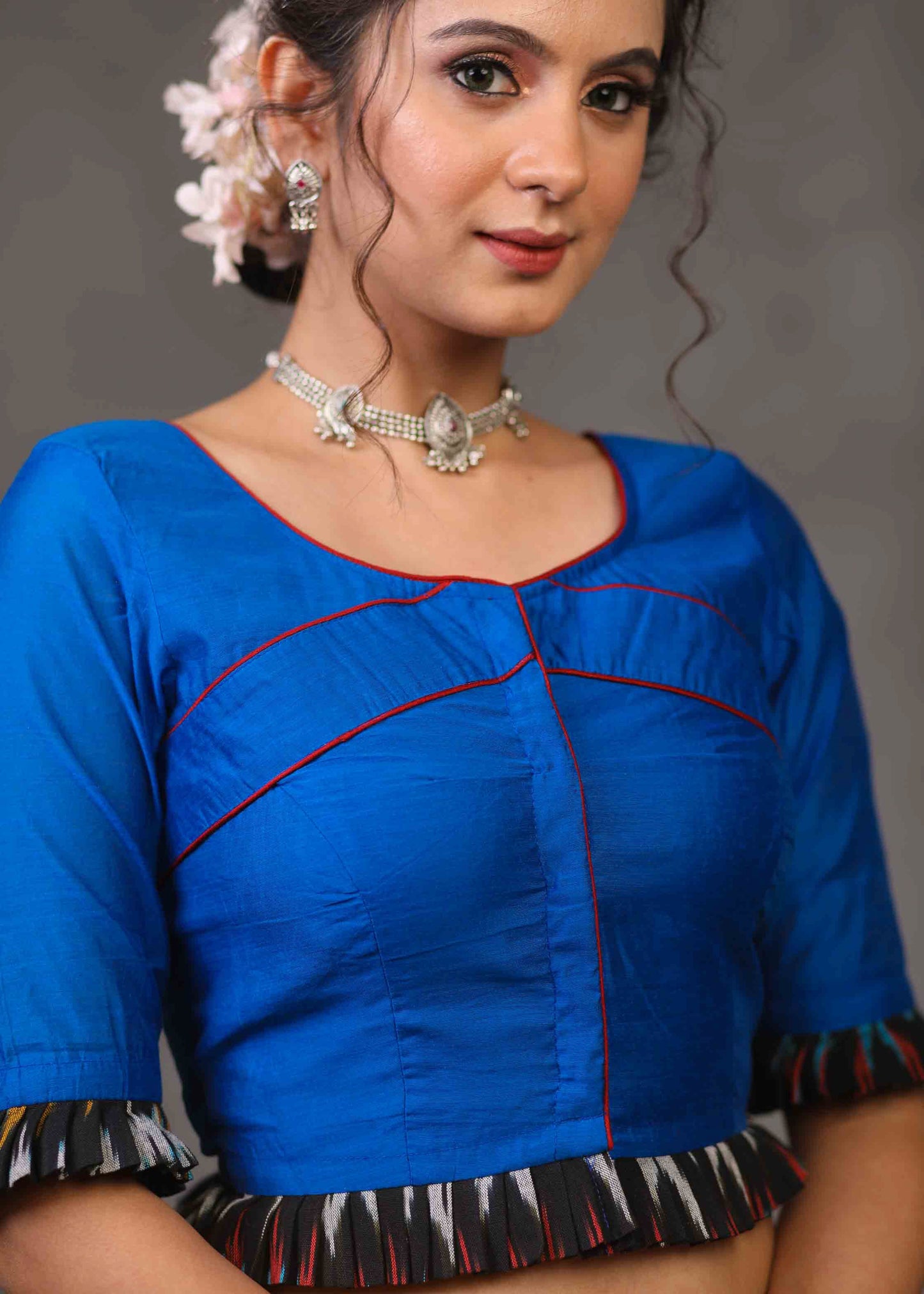 Standout Royal Blue Cotton Silk Blouse with Ikat Combination on Hem and Sleeves