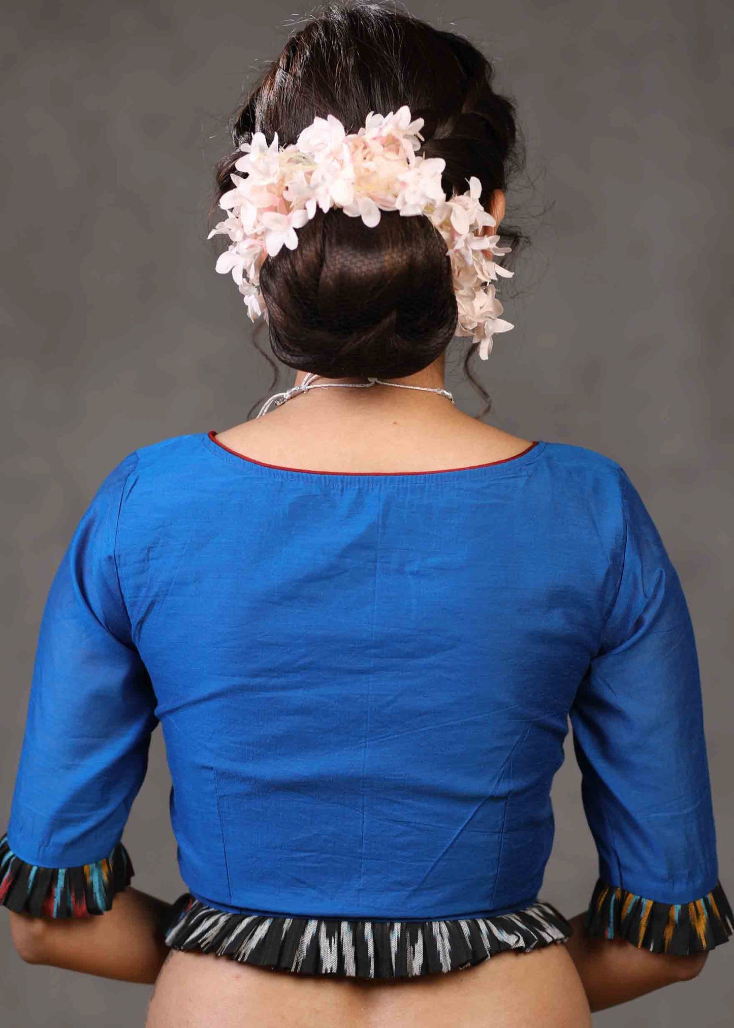 Standout Royal Blue Cotton Silk Blouse with Ikat Combination on Hem and Sleeves