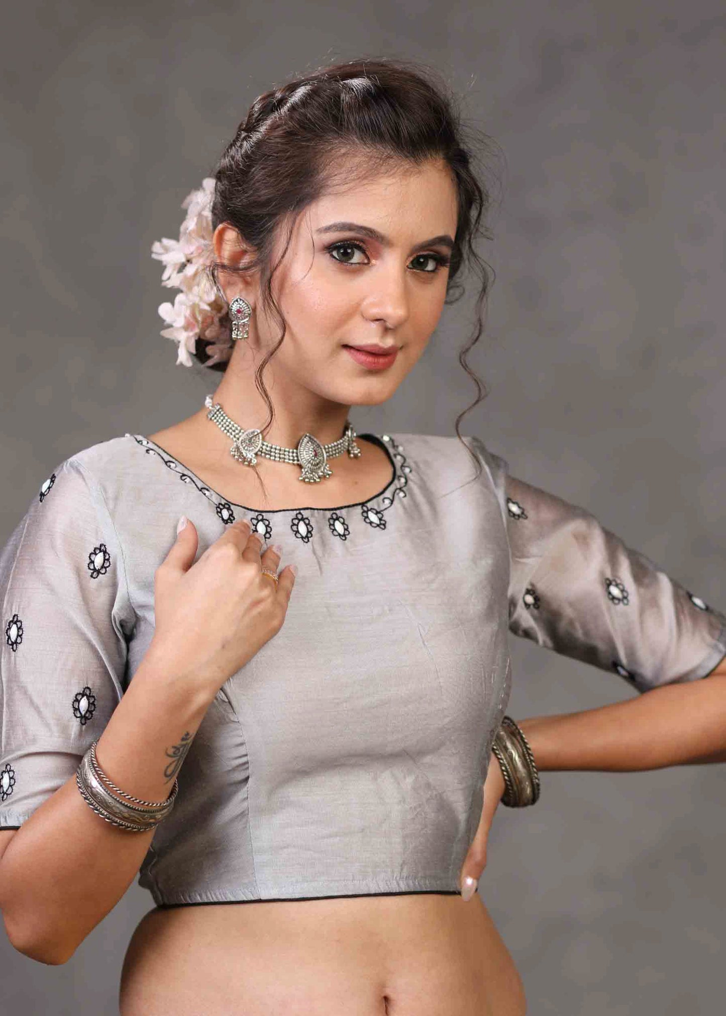 Classy Grey Chanderi Blouse with Overall Beautiful Floral Embroidery