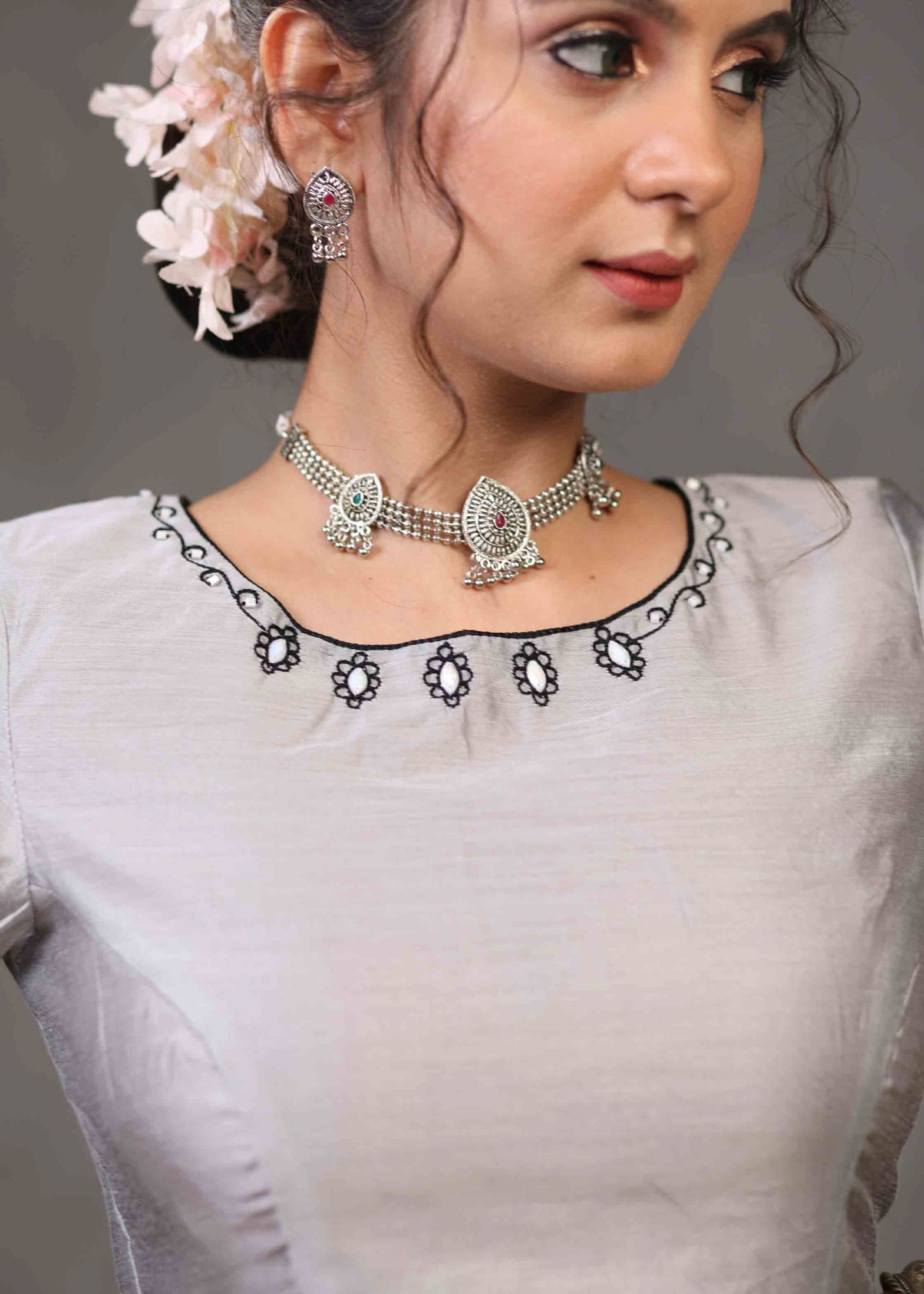 Classy Grey Chanderi Blouse with Overall Beautiful Floral Embroidery
