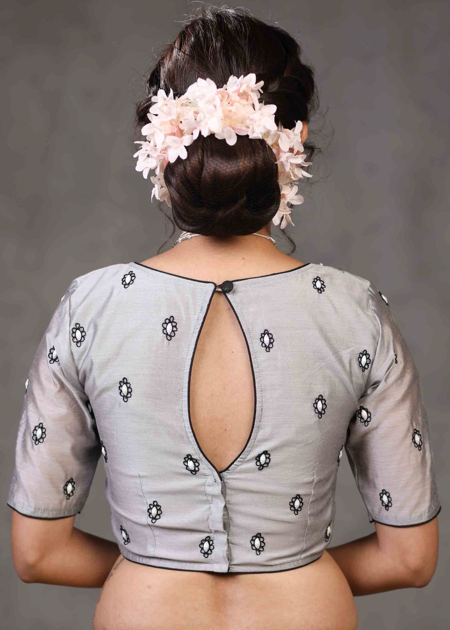 Classy Grey Chanderi Blouse with Overall Beautiful Floral Embroidery