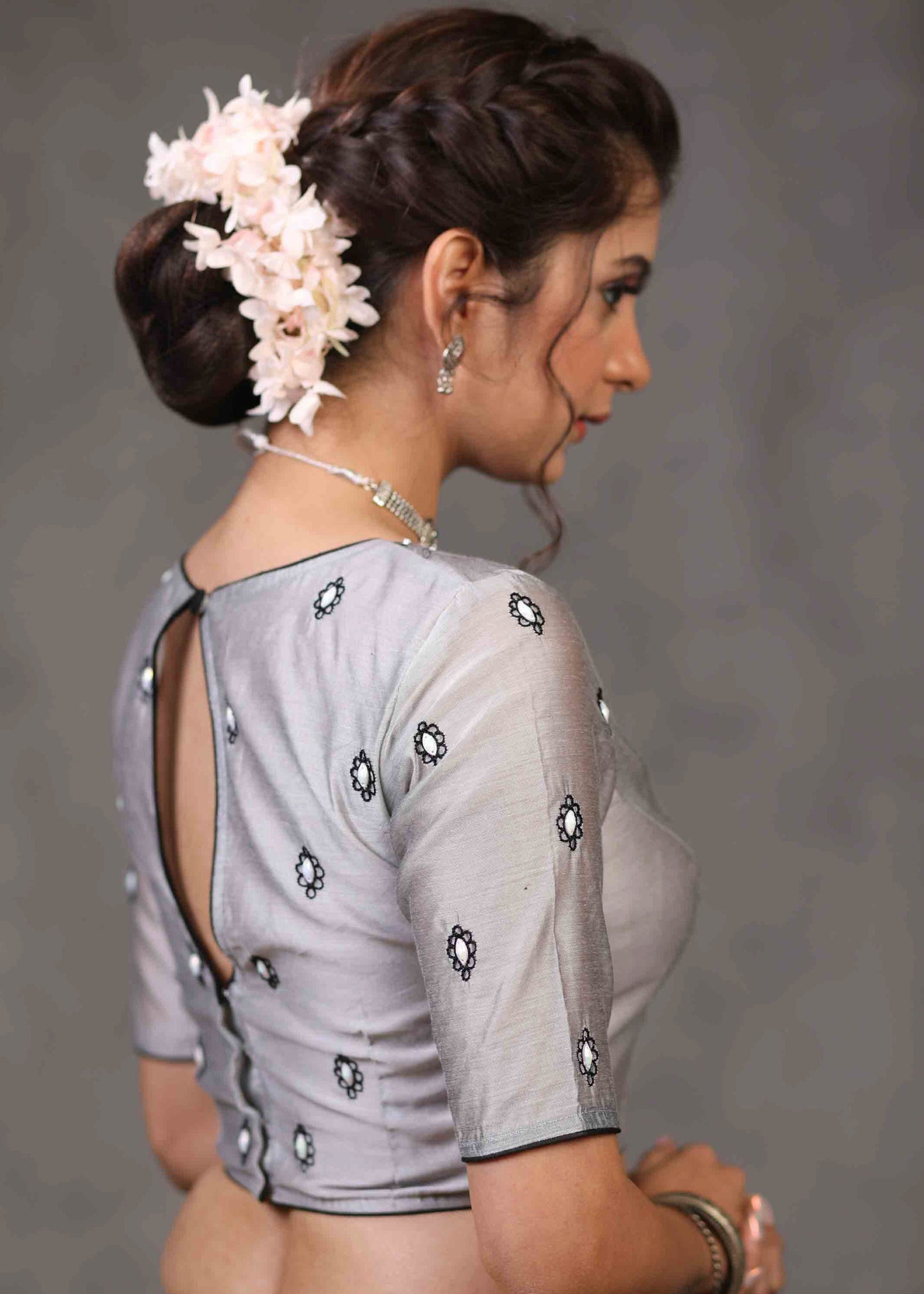 Classy Grey Chanderi Blouse with Overall Beautiful Floral Embroidery