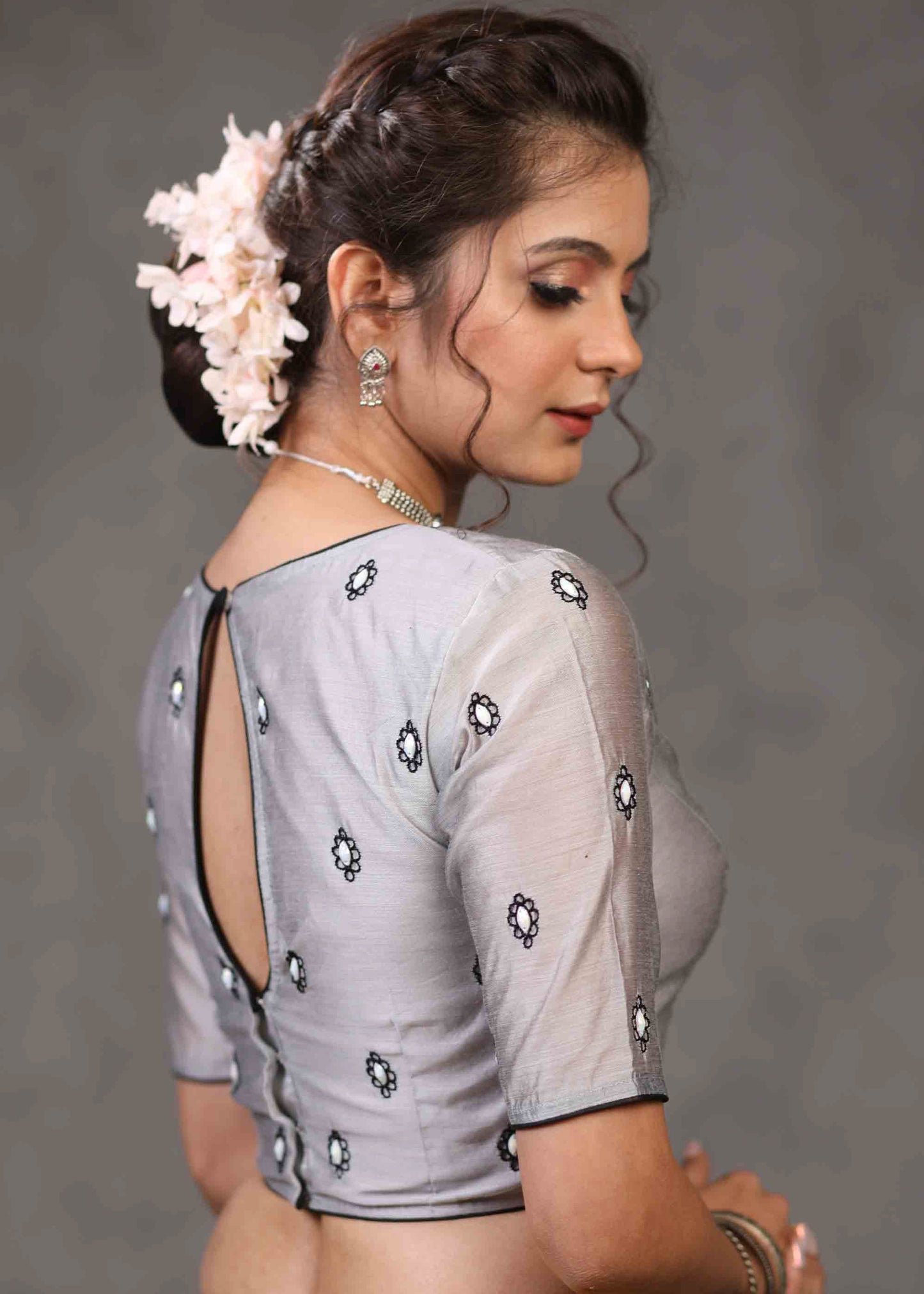 Classy Grey Chanderi Blouse with Overall Beautiful Floral Embroidery