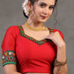 Elegant Red Cotton Silk Blouse Highlighted with Kutch Mirror Work Patch on Sleeves and Neckline