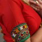 Elegant Red Cotton Silk Blouse Highlighted with Kutch Mirror Work Patch on Sleeves and Neckline