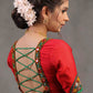Elegant Red Cotton Silk Blouse Highlighted with Kutch Mirror Work Patch on Sleeves and Neckline