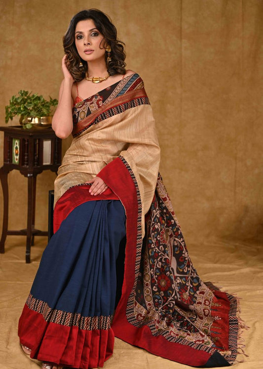 Stylish Blue Cotton Saree with Tussar Silk Pallu and Kalamkari Painting with Maroon Cotton Silk Border