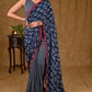 Exclusive Cotton Indigo Ajrakh Saree with Red Stone Embellishments