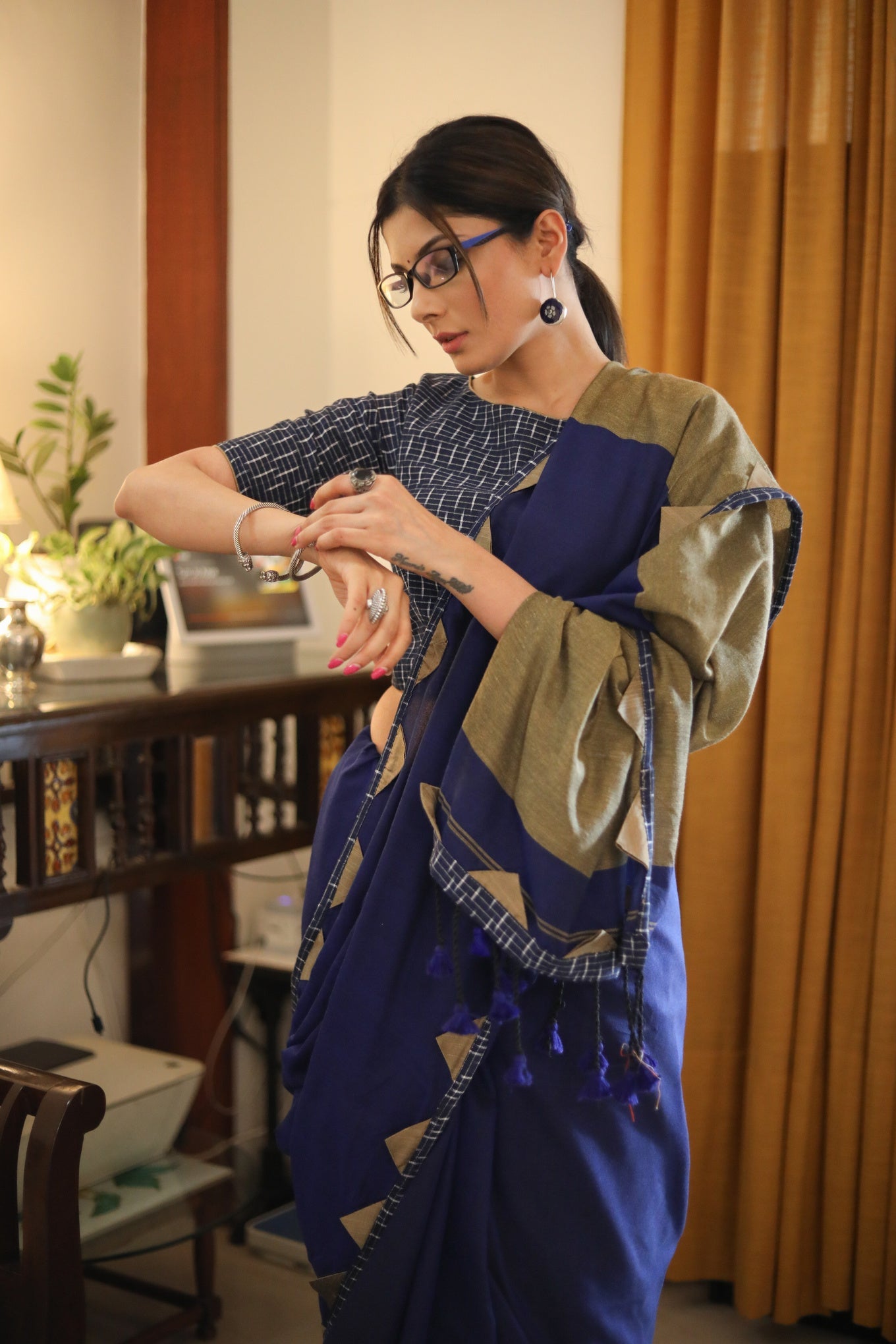 Exclusive royal blue & cream combination Cotton saree with Ikat border