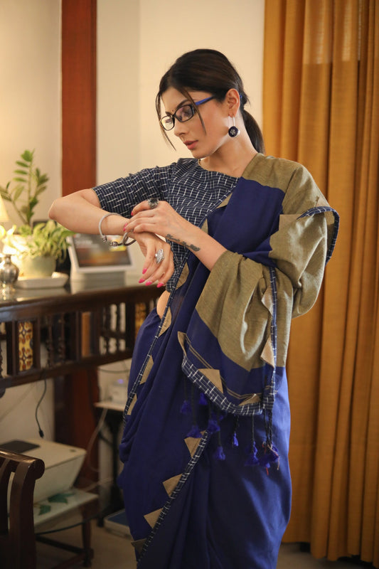 Exclusive royal blue & cream combination Cotton saree with Ikat border