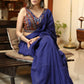 Artisanal plain navy blue Cotton saree with Ikat blouse piece