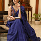 Artisanal plain navy blue Cotton saree with Ikat blouse piece