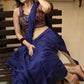 Artisanal plain navy blue Cotton saree with Ikat blouse piece