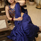 Artisanal plain navy blue Cotton saree with Ikat blouse piece