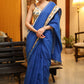 Bright blue Cotton saree with elephant print border and white lines