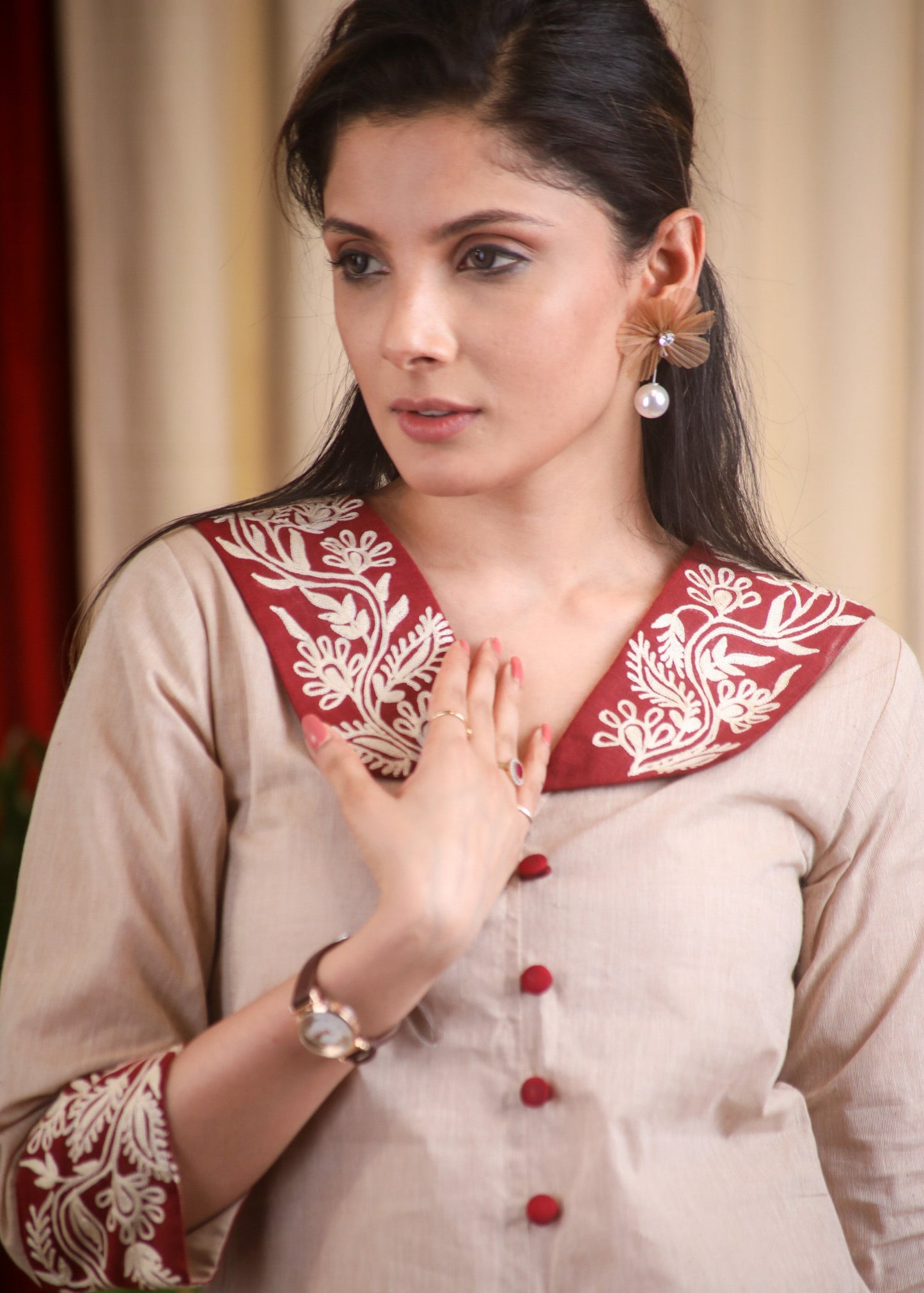 Cotton Handloom Beige Embroidered Shirt