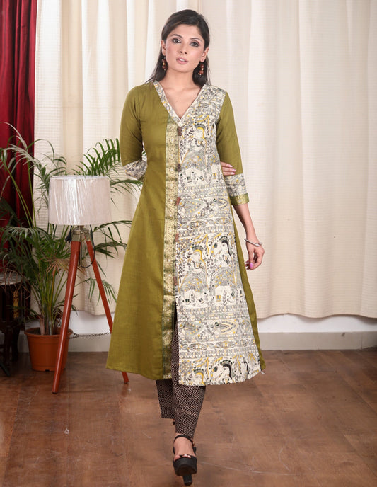 A Line Cotton Mehndi Green Kurta With Classy Madhubani print and Zari Border and Wooden Beads.