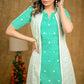 Stylish Aqua Green Cotton Kurta with Embroidery Allover & White Chikankari Jacket (2 Piece) - Pant Optional