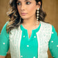 Stylish Aqua Green Cotton Kurta with Embroidery Allover & White Chikankari Jacket (2 Piece) - Pant Optional