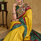 Stunning yellow Ghicha silk saree with Madhubani pallu and green Ikaat border