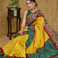 Stunning yellow Ghicha silk saree with Madhubani pallu and green Ikaat border