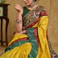 Stunning yellow Ghicha silk saree with Madhubani pallu and green Ikaat border