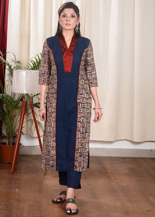 Trendy Straight Cut Cotton Kalamkari Print Kurta With Khun Neckline