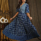 Trendy indigo gown with elbow sleeves and pearl embellishments