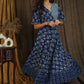 Trendy indigo gown with elbow sleeves and pearl embellishments