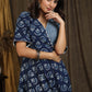 Trendy indigo gown with elbow sleeves and pearl embellishments