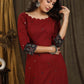 Classy maroon ajrakh combination gown with scallops neckline and all over mirror embroidery