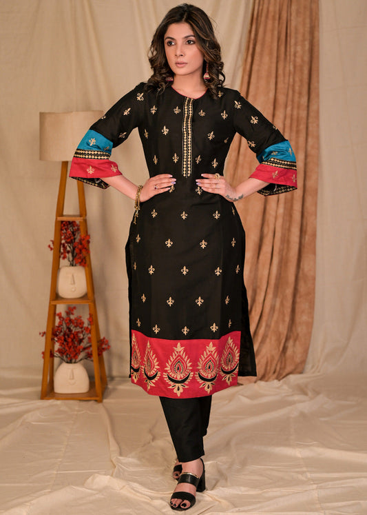 Beautiful Straight Cut Cotton Silk Kurta with Overall Embroidery - Pant Optional