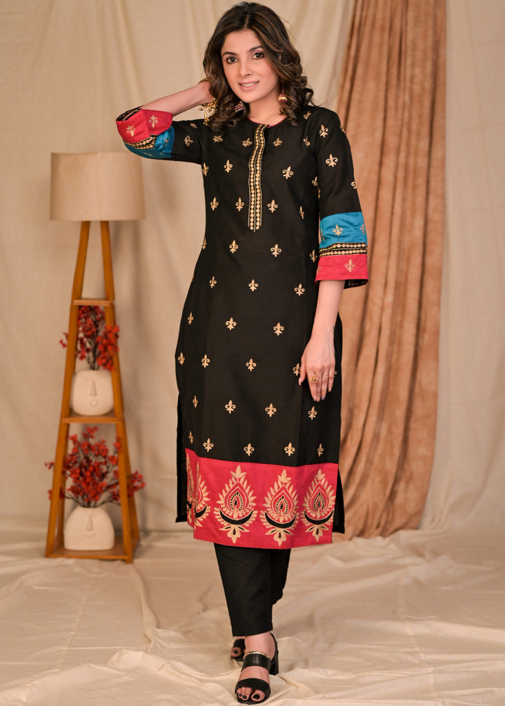 Beautiful Straight Cut Cotton Silk Kurta with Overall Embroidery - Pant Optional