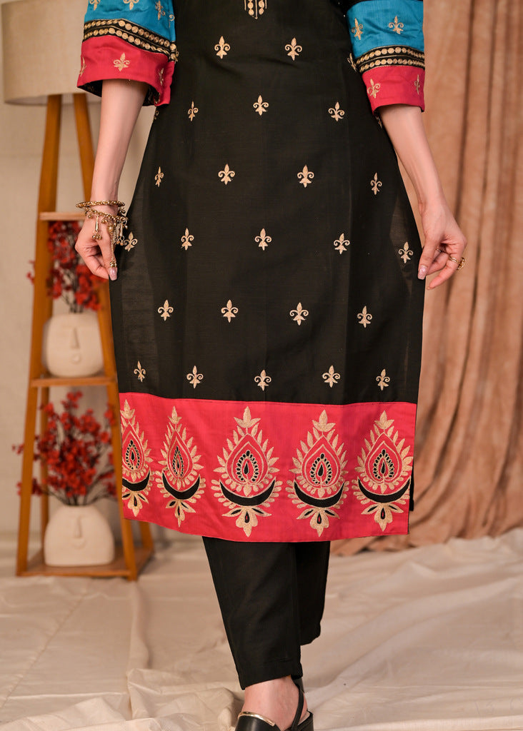 Beautiful Straight Cut Cotton Silk Kurta with Overall Embroidery - Pant Optional