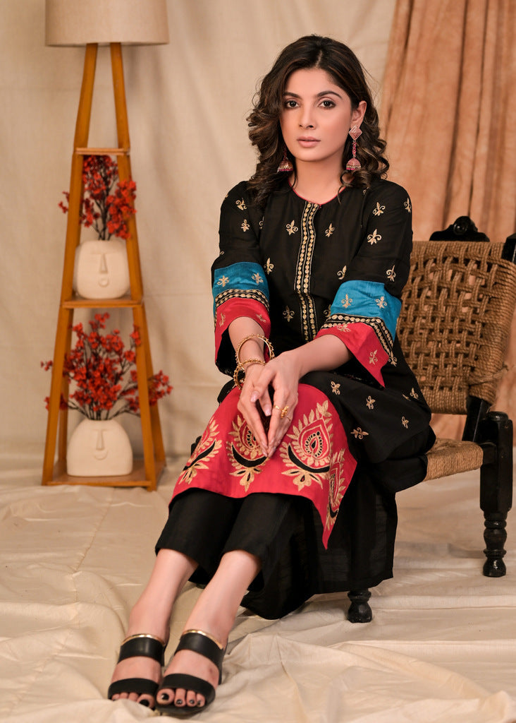Beautiful Straight Cut Cotton Silk Kurta with Overall Embroidery - Pant Optional