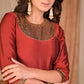 Elegant A Line Maroon Front Pleated Kurta with Hand Embroidery on Neckline and Sleeves - Contrast Brown Pant Optional