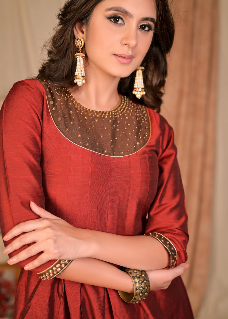 Elegant A Line Maroon Front Pleated Kurta with Hand Embroidery on Neckline and Sleeves - Contrast Brown Pant Optional