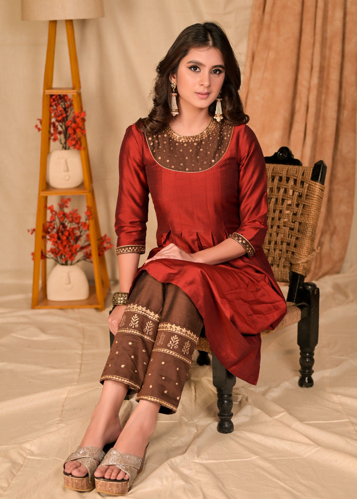 Elegant A Line Maroon Front Pleated Kurta with Hand Embroidery on Neckline and Sleeves - Contrast Brown Pant Optional