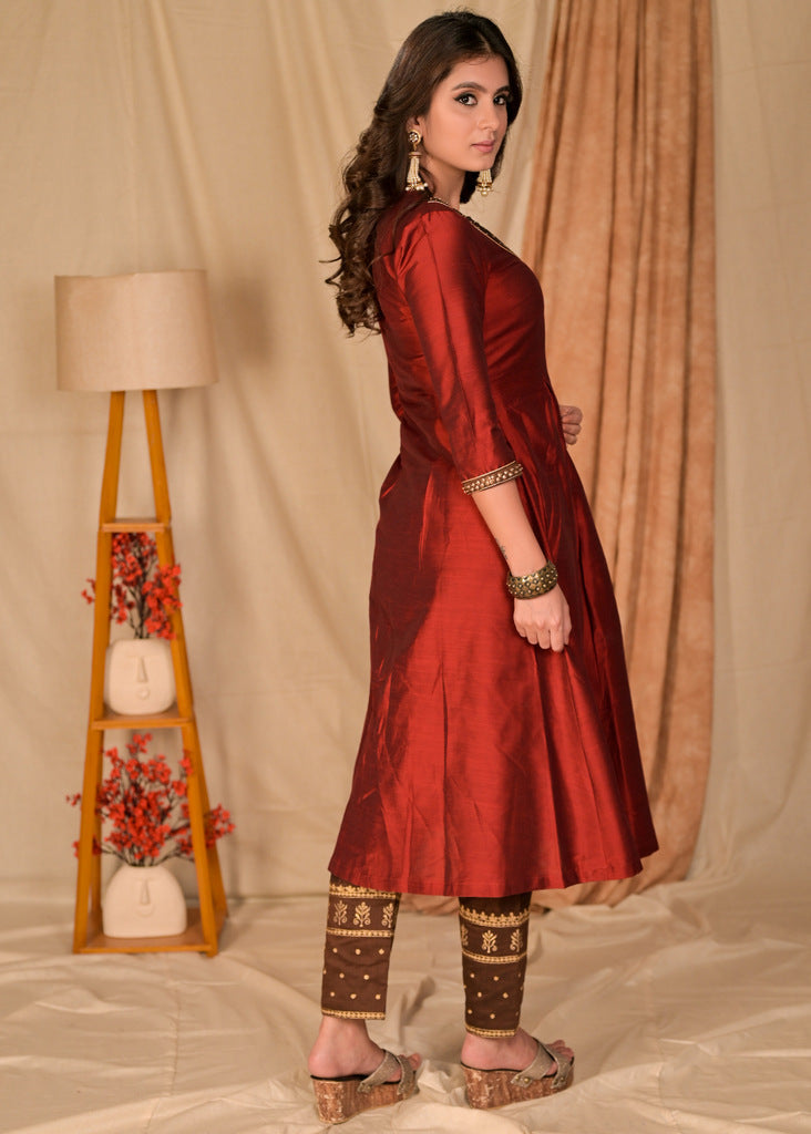 Elegant A Line Maroon Front Pleated Kurta with Hand Embroidery on Neckline and Sleeves - Contrast Brown Pant Optional