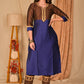 Trendy Straight Cut Brown and Royal Blue Blocked Cotton Silk Kurta with Embroidered Neckline - Embroidered Pant Optional