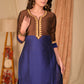 Trendy Straight Cut Brown and Royal Blue Blocked Cotton Silk Kurta with Embroidered Neckline - Embroidered Pant Optional