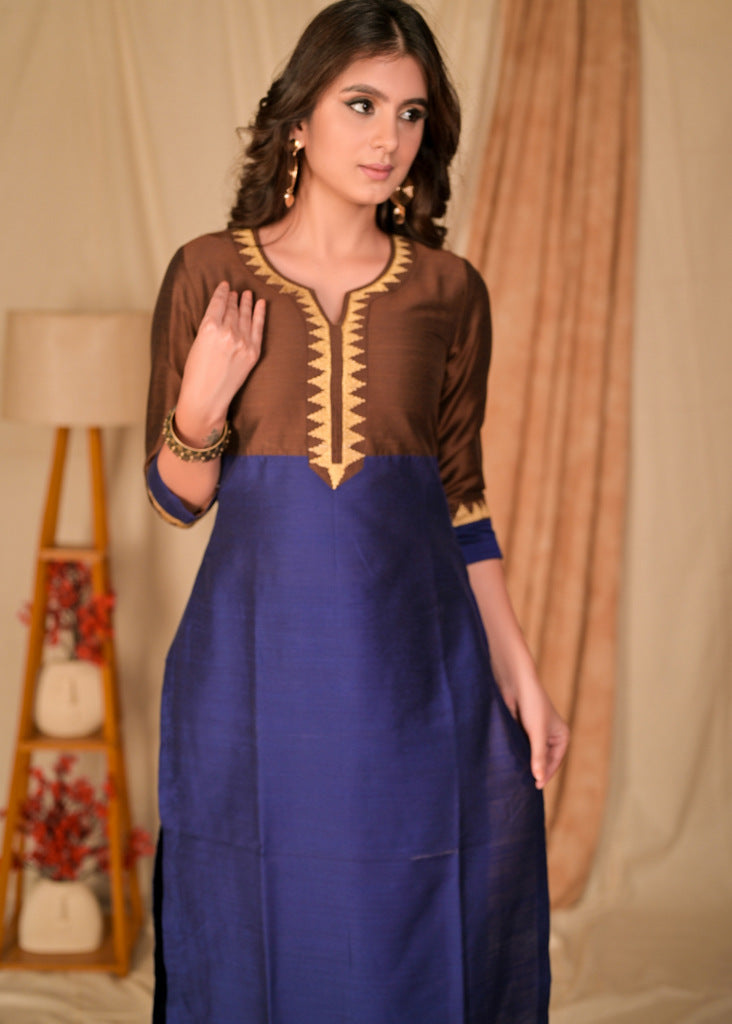 Trendy Straight Cut Brown and Royal Blue Blocked Cotton Silk Kurta with Embroidered Neckline - Embroidered Pant Optional