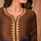 Trendy Straight Cut Brown and Royal Blue Blocked Cotton Silk Kurta with Embroidered Neckline - Embroidered Pant Optional