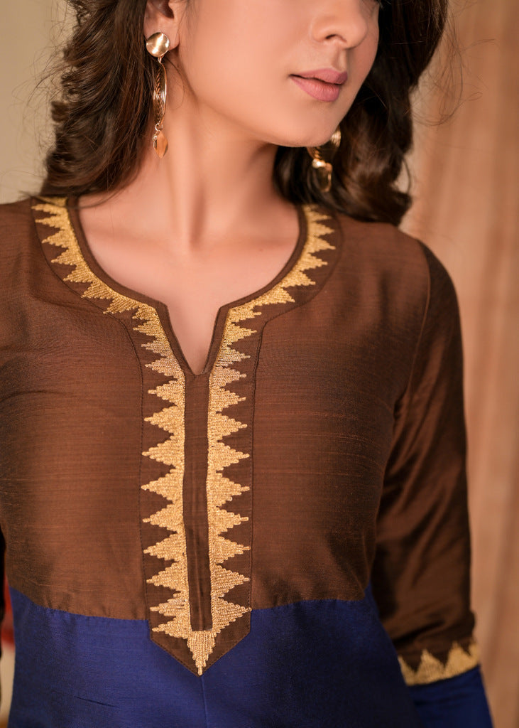 Trendy Straight Cut Brown and Royal Blue Blocked Cotton Silk Kurta with Embroidered Neckline - Embroidered Pant Optional