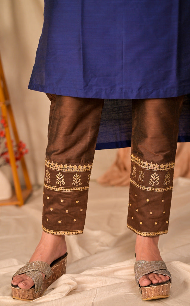 Trendy Straight Cut Brown and Royal Blue Blocked Cotton Silk Kurta with Embroidered Neckline - Embroidered Pant Optional