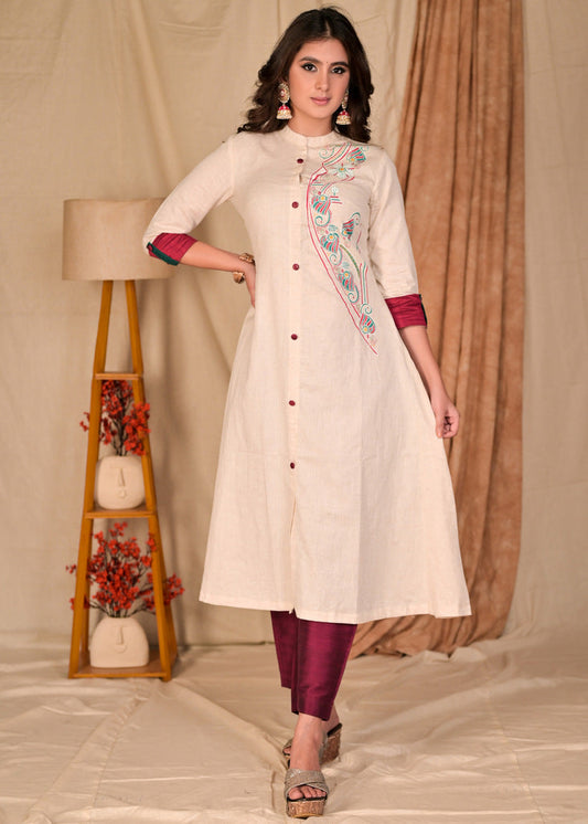 Classy A-Line Hand Painted Off-White Flex Kurta with Contrast Detailing - Pant Optional