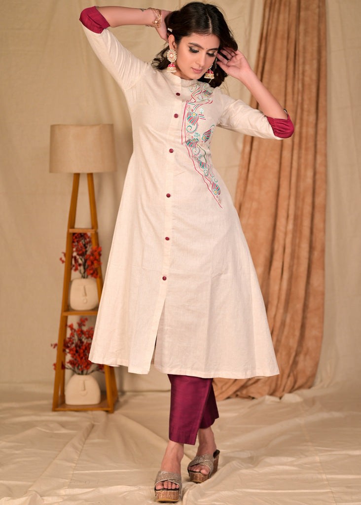 Classy A-Line Hand Painted Off-White Flex Kurta with Contrast Detailing - Pant Optional
