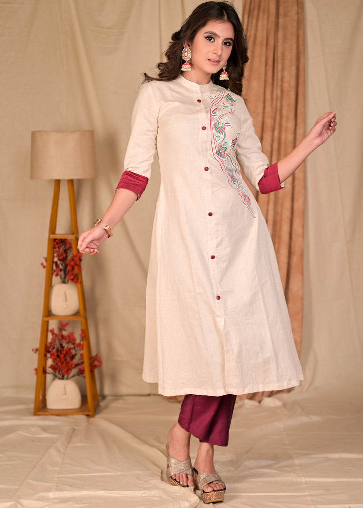 Classy A-Line Hand Painted Off-White Flex Kurta with Contrast Detailing - Pant Optional
